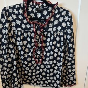 J. Crew Black and White Floral Blouse with Red Accents
